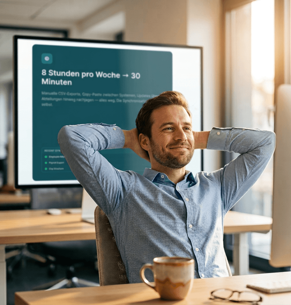 HR manager relaxing while SynkBridge handles data sync